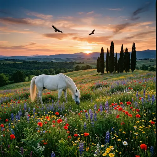 Tranquil Meadow with Blossoming Flowers and Majestic White Horse