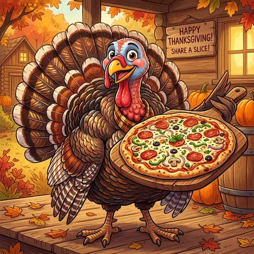 Adorable Turkey Cartoon with Pizza - Colorful Illustration
