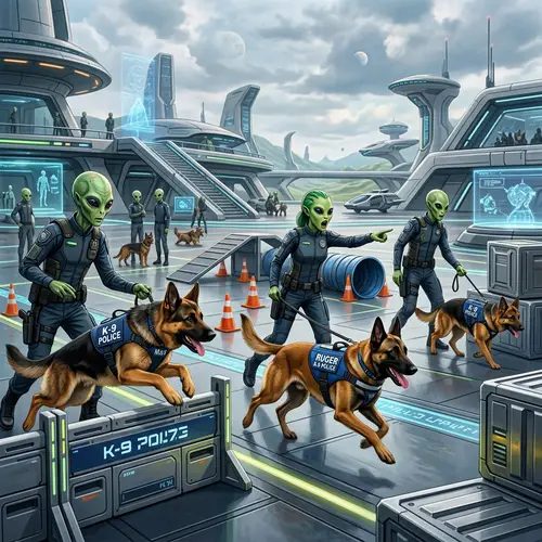 Extraterrestrial Beings Training Police Dogs in Futuristic Setting