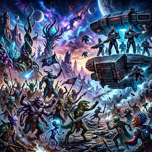 Alien Revolution Scene: Diverse Beings in Unified Protest