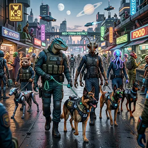 Diverse Aliens Walking Futuristic Police Dogs on Leashes