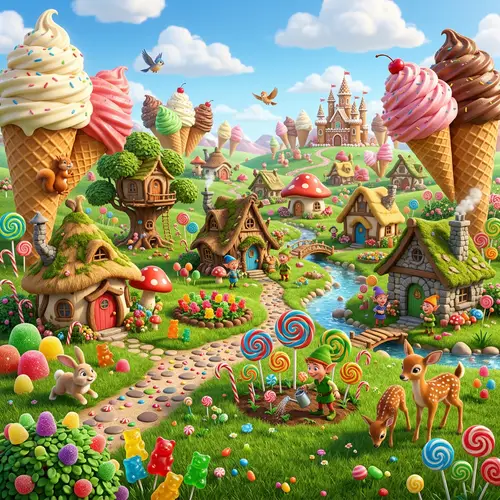 Vibrant 3D Meadow with Elf Houses and Sweet Treats
