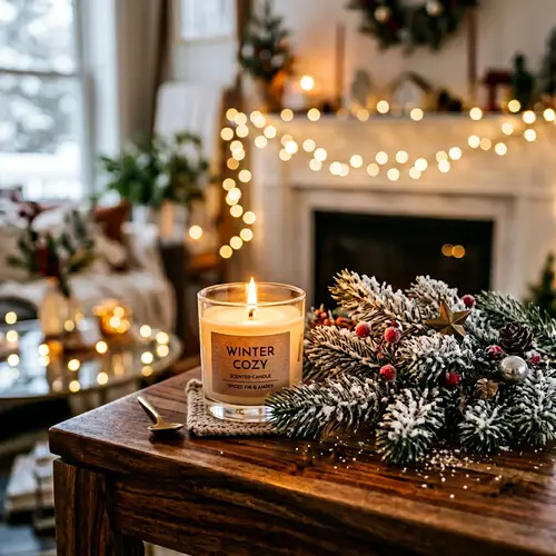 Cozy Winter Scene with Aromatic Candle and Fir Branch