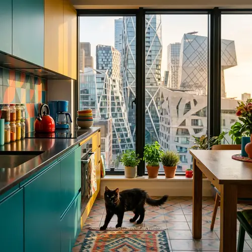 Curious Black Kitten Exploring Modern Stylish Kitchen