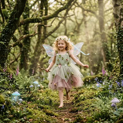 Blonde Little Girl Fairy in a Magic Forest