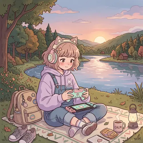 Cute Lo-Fi Girl Character with Headphone and Game Controller in Nature