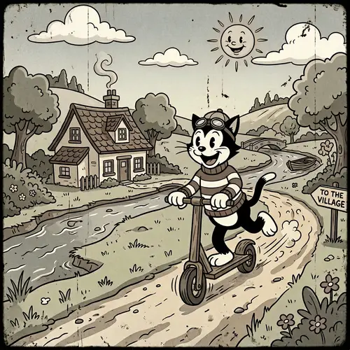Vintage Cartoon House by River with Cat on Scooter