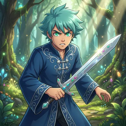 Fantasy Anime-Style Character in Verdant Magical Forest with Ornate Sword
