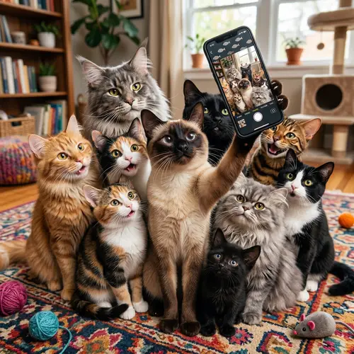 Whimsical Feline Social Gathering - Cats Selfie Moment