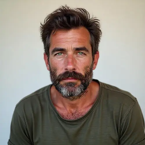 43-Year-Old Man with Dark Hair and Green Eyes