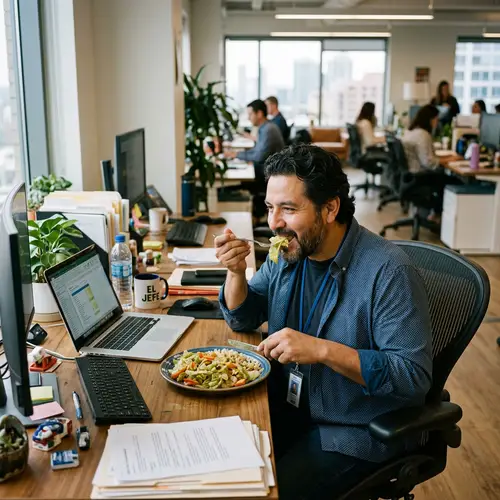 Hispanic Man Eating Cabbage in Office