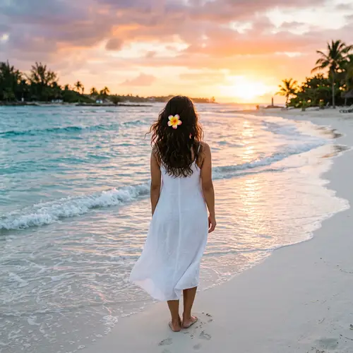 Woman Enjoying Caribbean Sunrise with Flower in Hair