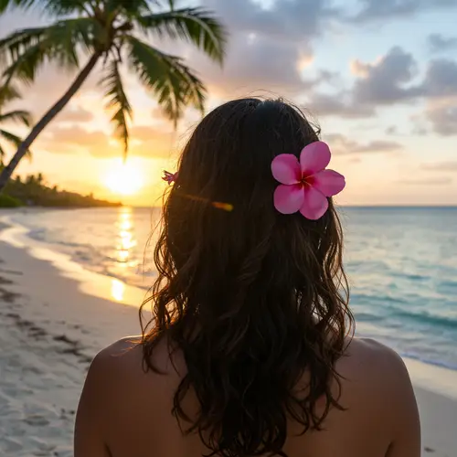 Woman Enjoying Caribbean Sunrise with Flower in Hair