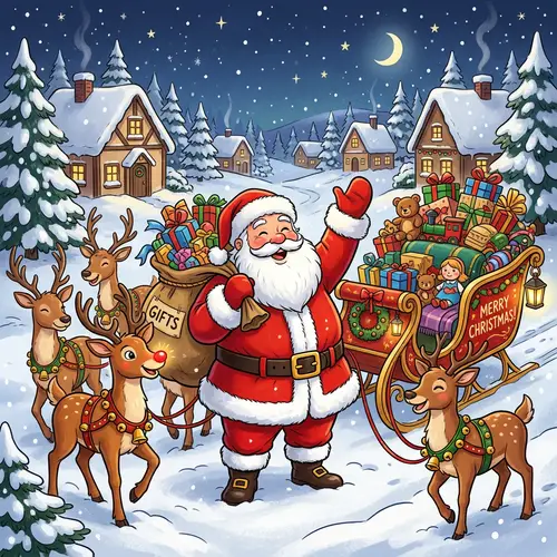 Cheerful Santa Claus with Reindeer and Sleigh