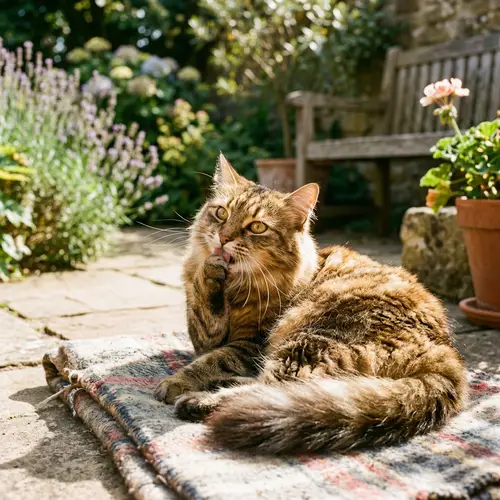 Furry Feline Relaxing in Sunlight | Lazing Cat with Playful Curiosity