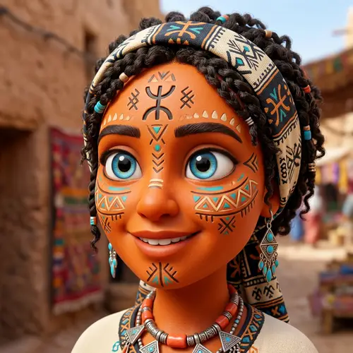 Orange 3D Cartoon-Style Face with Amazigh Symbols