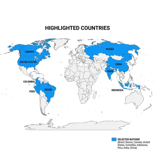 Colorful World Map Highlighting Brazil, Russia, Canada, US...