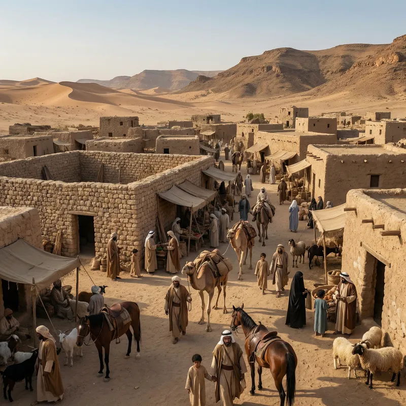 Makkah in 7th Century: Classic Arabian Scene with Horses and Camels