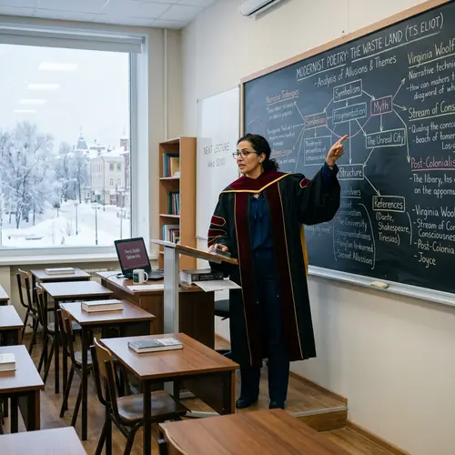 Middle-Eastern Female English Literature Professor in Modern Classroom