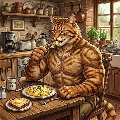 Muscular Cat Eating Scrambled Eggs - Unique Illustration