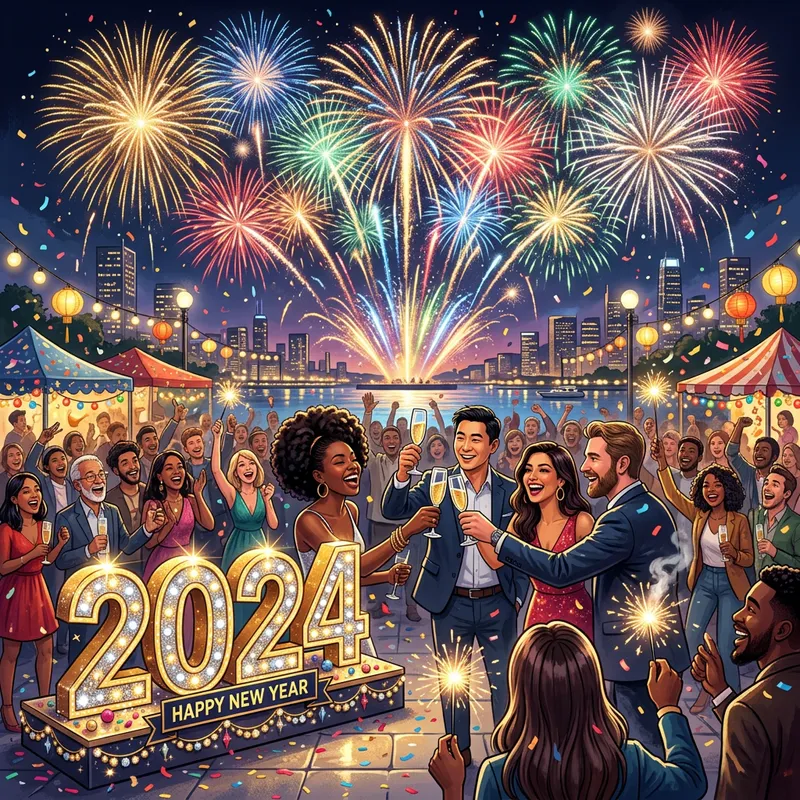 Vibrant 2024 New Year Celebration with Fireworks & Champagne Toast