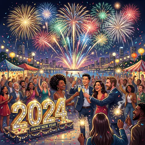 Vibrant New Year Celebration 2024 with Fireworks & Champagne Toast
