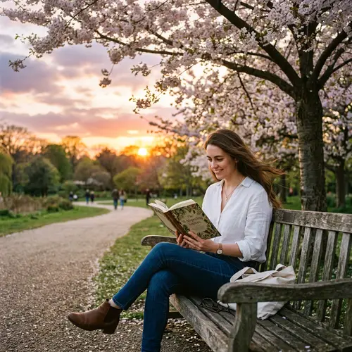 Beautiful Woman Sitting on Park Bench Reading a Book