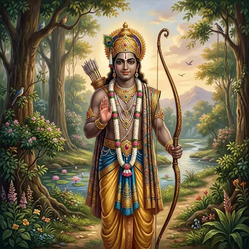 Mythical Figure Ram in Traditional Attire | Serene Environment
