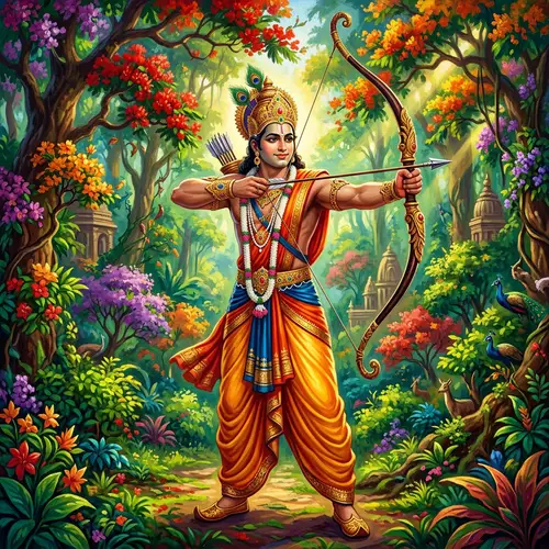 Ancient Indian Mythology-Inspired Character in Vibrant Scene