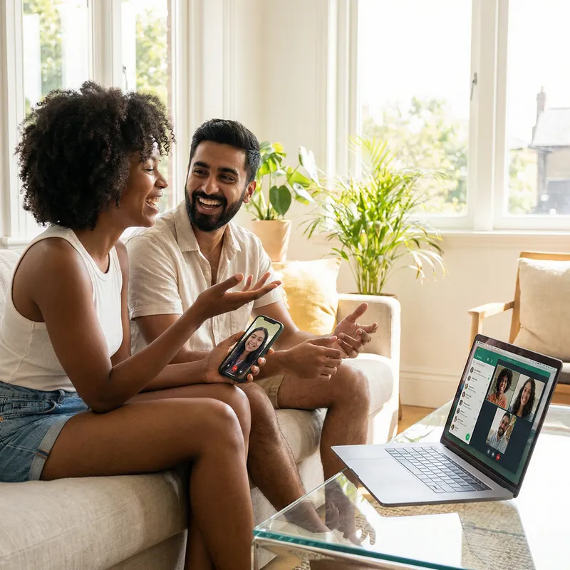 Couple Enjoying a Fun WhatsApp Video Call at Home Couple Enjoying a Fun WhatsApp Video Call at Home