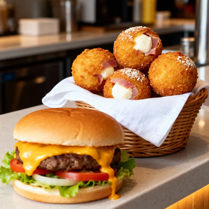 Gourmet Burger with Cheese & Crispy Ham Balls