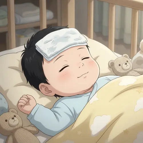 Sleeping Black-Haired Anime Baby | Damp Cloth on Forehead