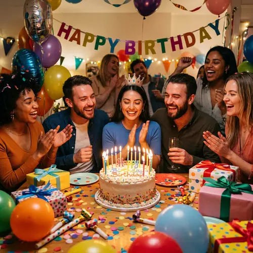 Festive Birthday Celebration with Cake and Balloons