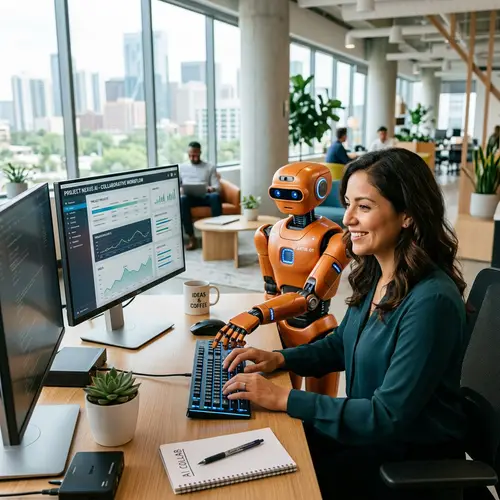 Collaborative Work: Hispanic Woman & Orange Robot - Future of Productivity Boosting Interaction