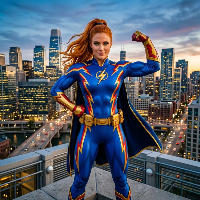 Empowering Female Superhero Flexing Muscles