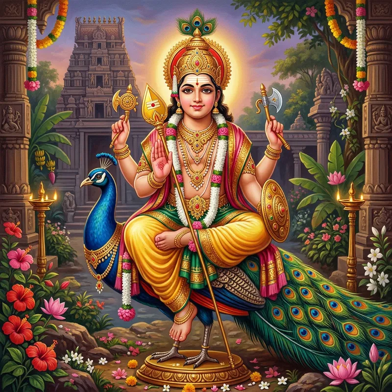 Lord Subramanya on Peacock: Vibrant Blissful Appearance with Divine Spear