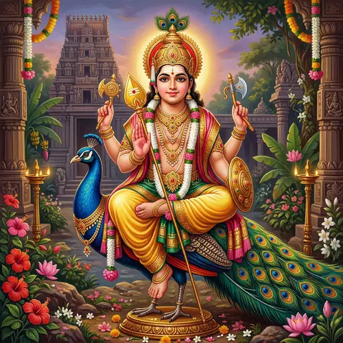 Lord Subramanya on Peacock with Divine Spear: Vibrant & Serene Deity