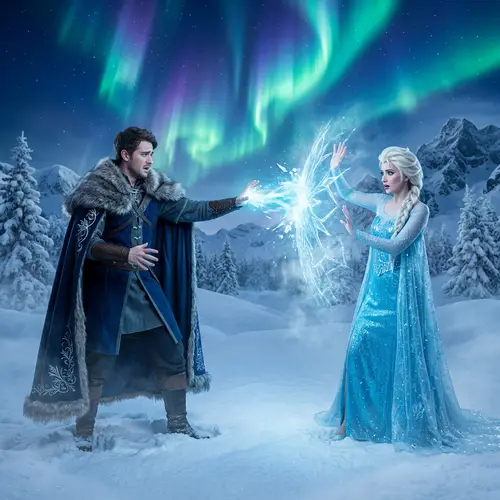 Icy Powers Clash: Male and Female Characters in Snowy Scene