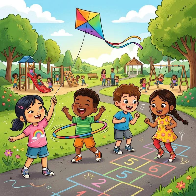 Cartoon Kids Playing in Fun Activities | Lively Park Scene