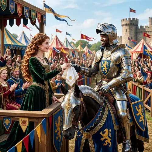 Caucasian Lady Gifts Victory Handkerchief to Black Knight