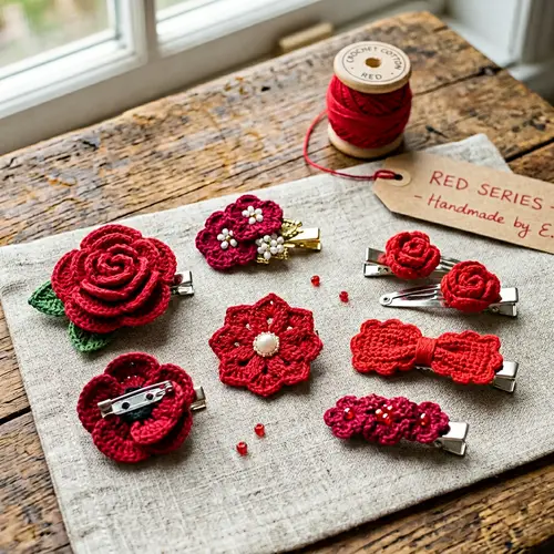 Crochet Hair Clips and Brooches - Red Series