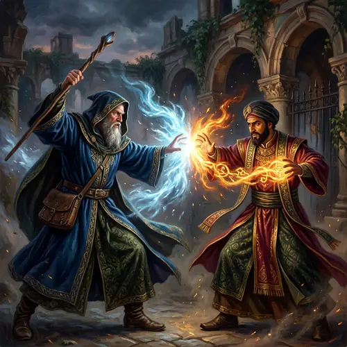 Magical Duel: Wizard vs. Priest in Renaissance-inspired Scene