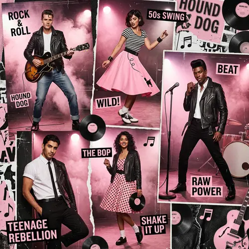 Eclectic 50s Rock and Roll Fashion Collage with Diverse Models