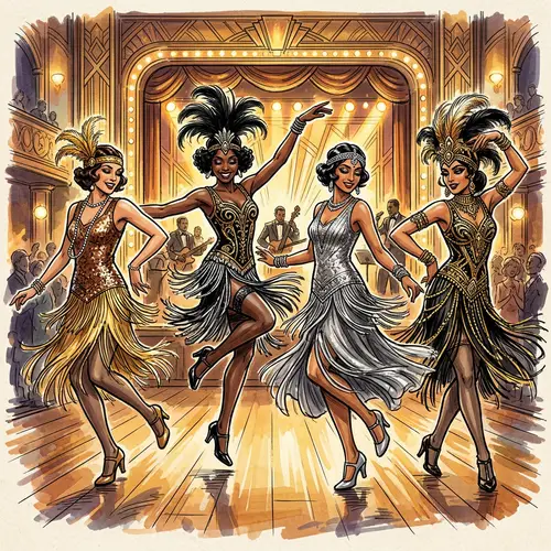 1920s Inspired Dance Ensemble Sketch with Four Female Dancers