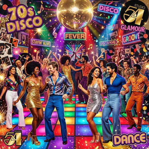 Iconic 70s Disco Era Collage with Glitz and Glamour