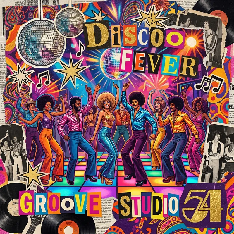 Vibrant 70s Disco Collage: Glitz, Glamour & Andy Warhol Style