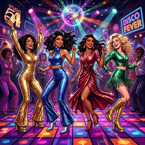 70s Disco Inspired Dance Illustration with Four Energetic Females