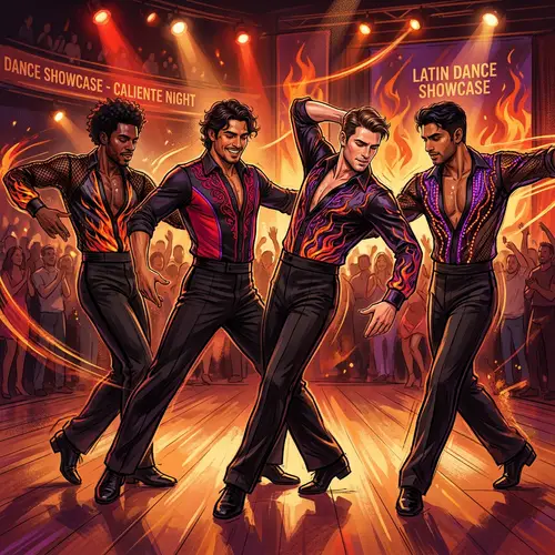 Latin Dance Costume Design Illustration - Alluring Men in Vibrant Attire
