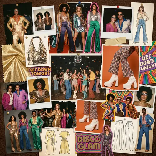 1970s Disco Era Fashion Collage: Glamorous Attire Showcase