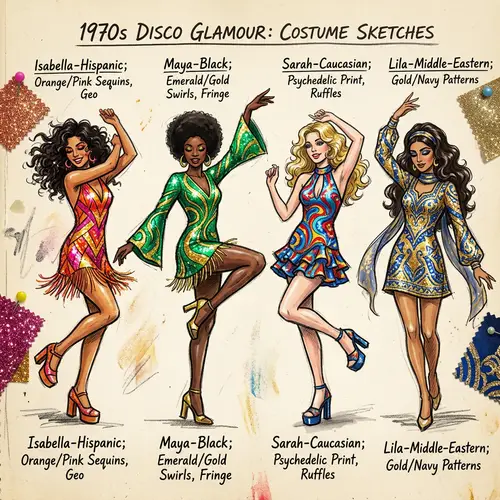 70s Costume Design Sketches: Fabulous Dancers in Vibrant Mini Dresses
